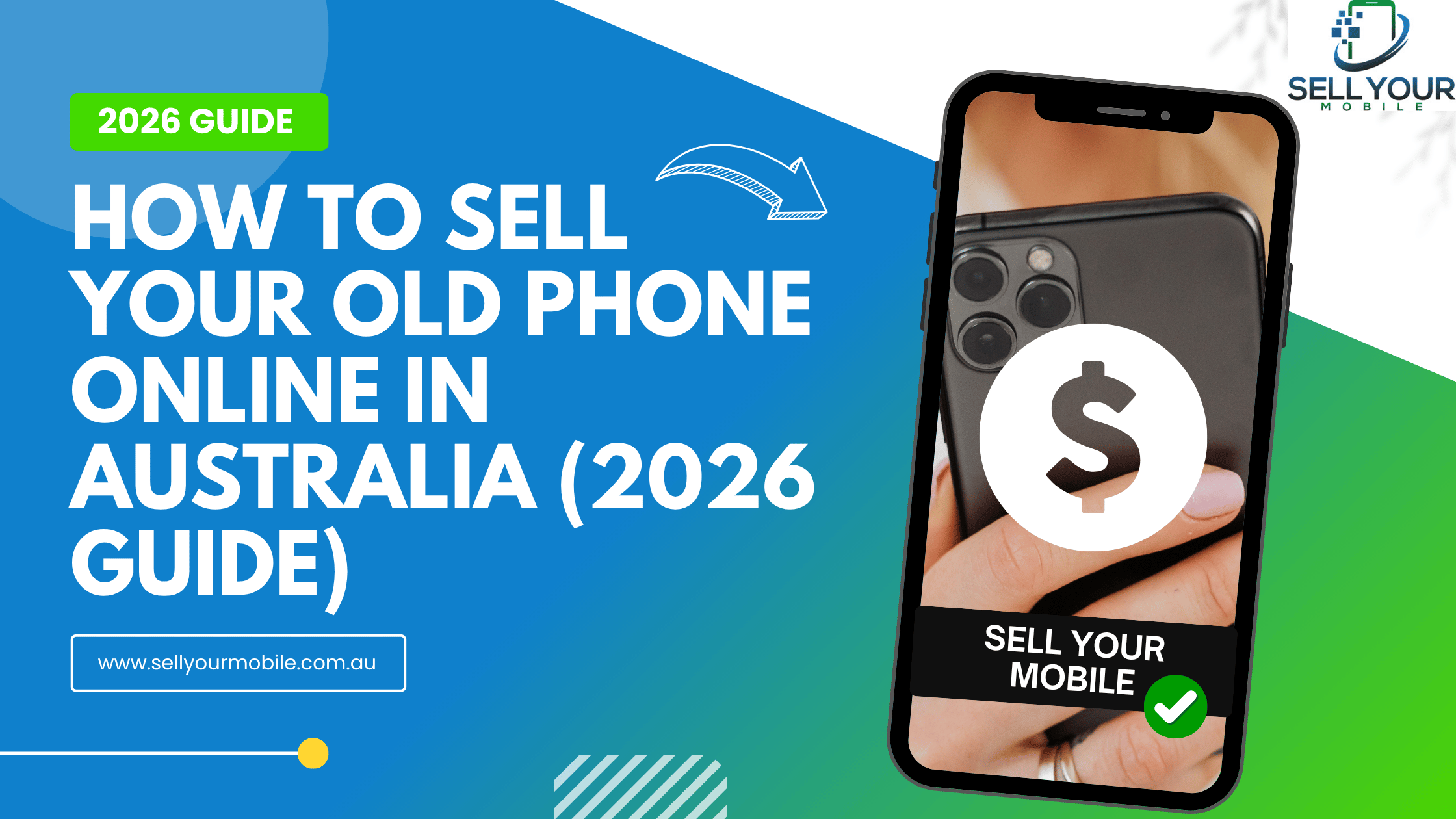 Illustration promoting a 2026 guide on how to sell your old phone online in Australia, featuring a smartphone with a dollar symbol, the Sell Your Mobile logo, and the website sellyourmobile.com.au.